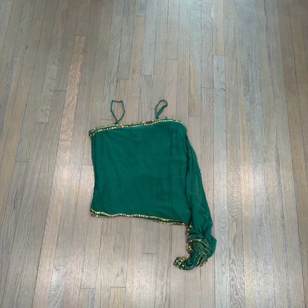 NWT Ya-Ya Green asymmetric silk top with gold coin trim Strapless Top Sz L
